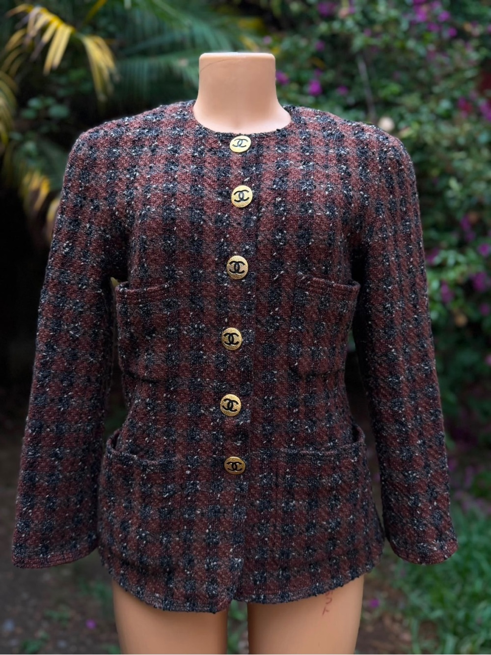 AUTHENTIC Chanel vintage Women's Tweed Button-Up Jacket in Burgundy Plaid - Picture 2 of 11